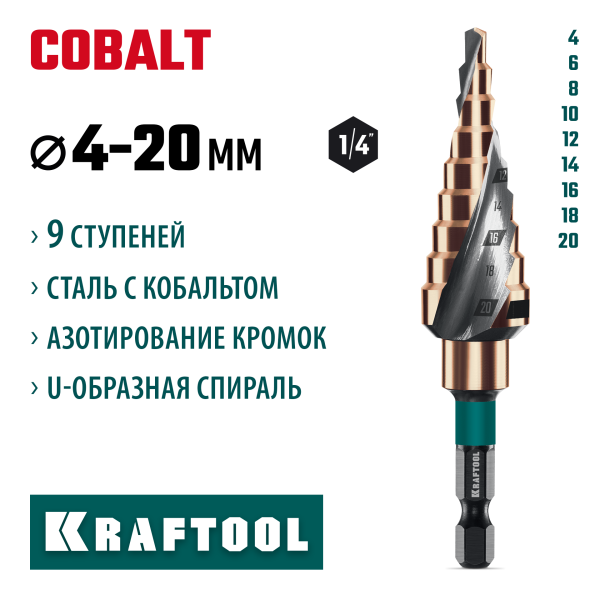 KRAFTOOL COBALT 4-20 мм, 9 ступеней, азотирование, винтовая спираль, сверло ступенчатое (29691-4-20-9)