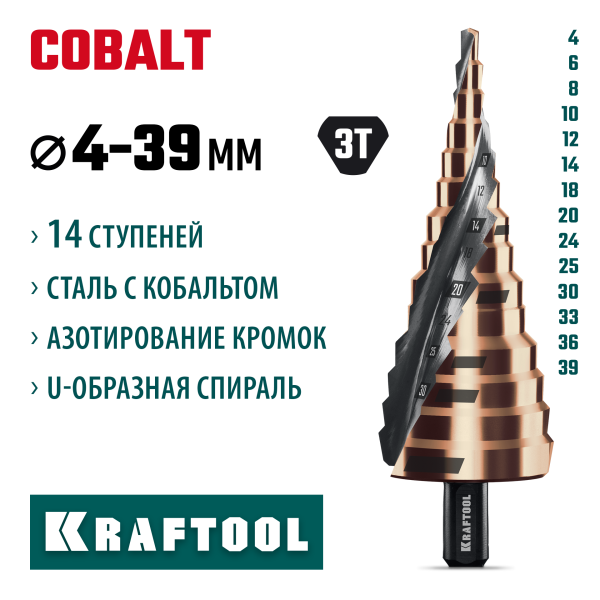 KRAFTOOL COBALT 4-39 мм, 14 ступеней, азотирование, винтовая спираль, сверло ступенчатое (29691-4-39-14)