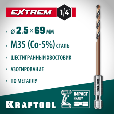 KRAFTOOL  НЕХ-1/4", d 2,5 х 69 мм, сверло по металлу для винтовёртов и шуруповертов IMPACT READY (29652-2.5)