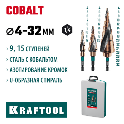 KRAFTOOL COBALT 3 шт., 4-32 мм, азотирование, винтовая спираль, набор сверл ступенчатых (29691-4-32-H3)