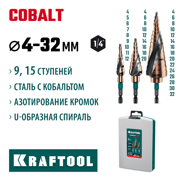 KRAFTOOL COBALT 3 шт., 4-32 мм, азотирование, винтовая спираль, набор сверл ступенчатых (29691-4-32-H3)