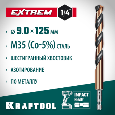 KRAFTOOL  НЕХ-1/4", d 9.0 х 125 мм, сверло по металлу для винтовёртов и шуруповертов IMPACT READY (29652-9)