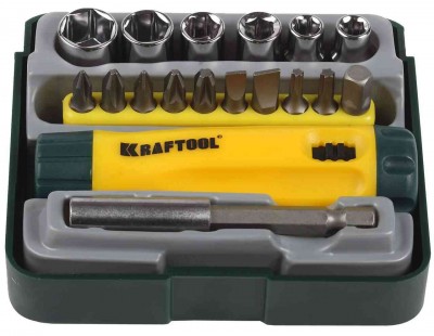 Отвертка реверсивная в наборе с битами и головками KRAFTOOL 26143-H18