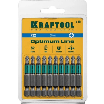 Биты KRAFTOOL "OPTIMUM LINE", E 1/4", PZ2, 50мм, Cr-Mo, 10шт, 26124-2-50-10