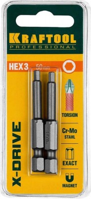 Биты KRAFTOOL "X-DRIVE", E 1/4", HEX3, 50мм, Cr-Mo, торсионные, кованные, обточенные, 2шт, 26127-3-50-2